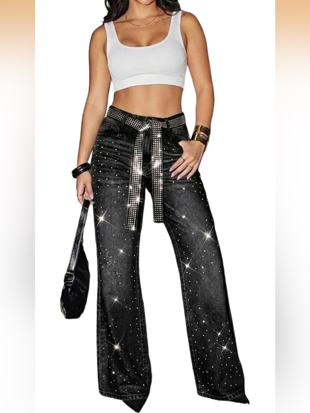 Black Sparkle High-Rise Wide-Leg Jeans with  Embellished Belt - NWOT - Size M